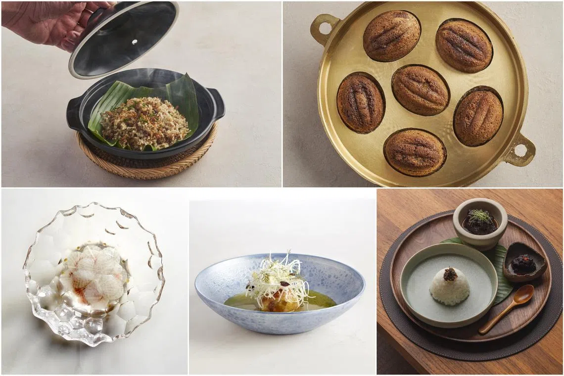 (Clockwise from top left) Seroja's Trader's Rice and kueh bahulu, Pangium's buah keluak in sambal and with beef, and Restaurant Born's fish maw, Chinese cabbage and smoked eel, and buri with galangal and daikon.