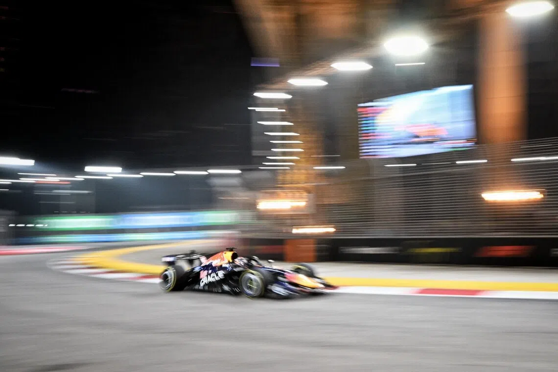 No. 3 Oracle Red Bull Racing, Dutch driver, Max Verstappen, in action during Sprint Qualifying at Marina Bay Street Circuit, on Oct 9.