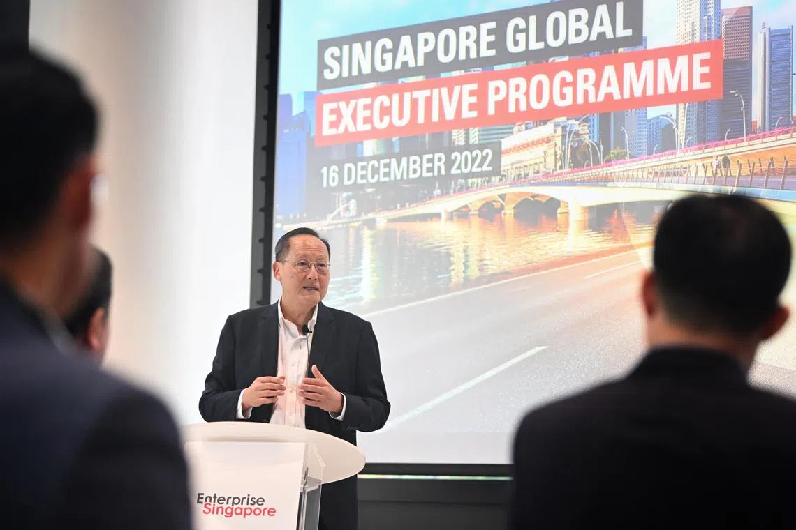 Slug: ccenterprise
ST PHOTO: Chong Jun Liang

Dr Tan See Leng, Minister for Manpower and Second Minister for Trade and Industry, speaks at the launch of Singapore Global Executive Programme on December 16, 2022 




Enterprise Singapore will be launching the Singapore Global Executive Programme. It is a bespoke initiative that will enhance local companies’ talent development efforts to attract and groom young talents to lead them through accelerated global growth. This is with the aim of accelerating the growth of  promising local enterprises to become Singapore Global Enterprises and creating good jobs for Singaporeans.