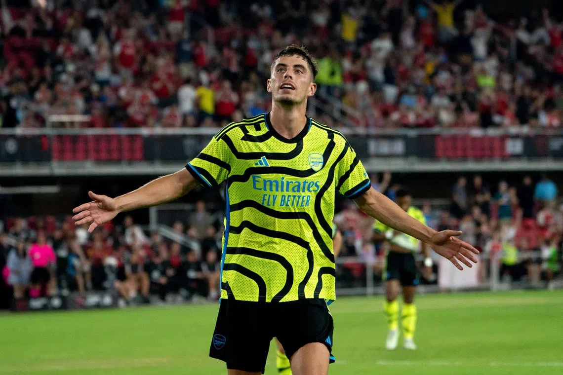 Arsenal's Kai Havertz celebrates after scoring a goal during a friendly between the Major League Soccer All-Star team and Arsenal on July 19.