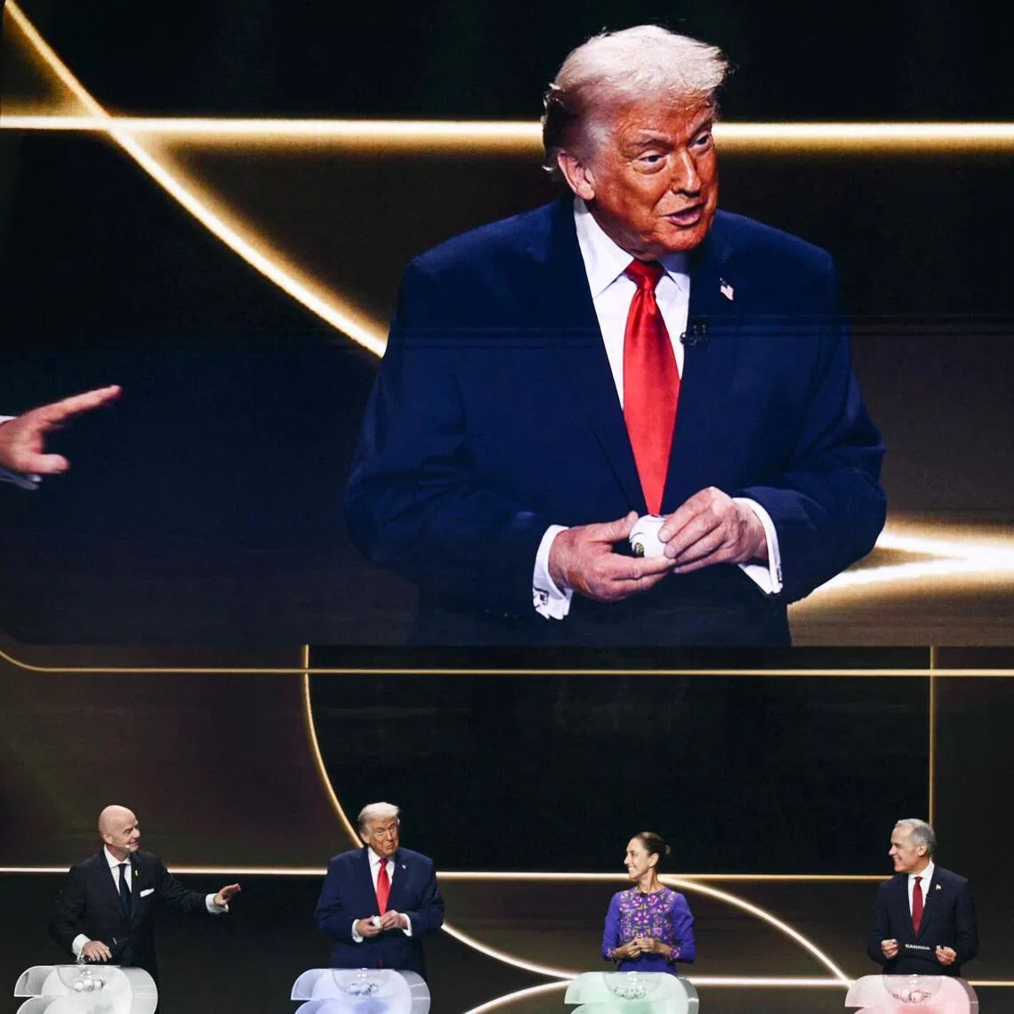 (From left) FIFA president Gianni Infantino, US President Donald Trump, Mexican President Claudia Sheinbaum and Canadian Prime Minister Mark Carney taking part in the World Cup 2026 draw on Dec 5 in Washington. 