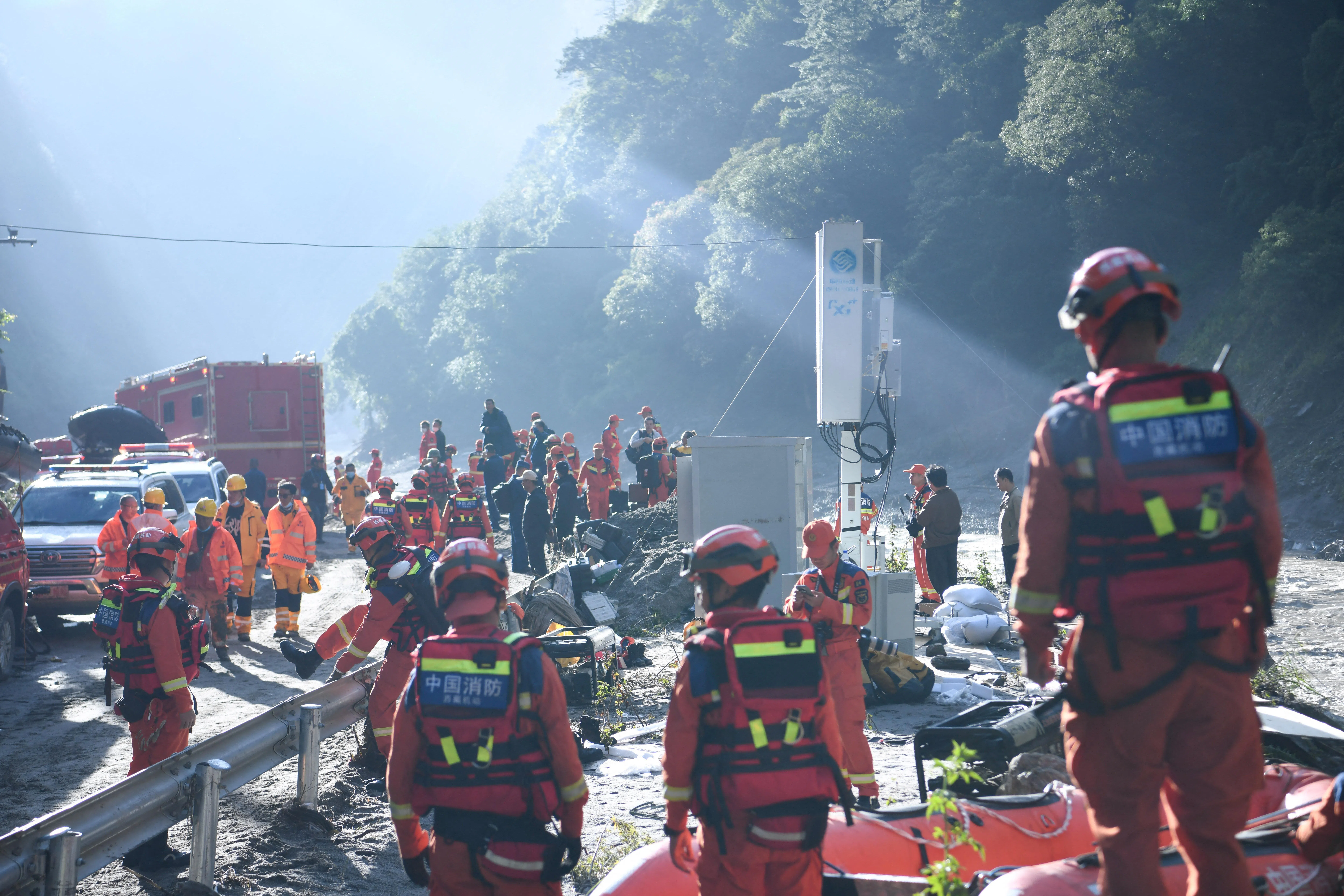 Firefighters preparing to conduct search and rescue operations in Tibet’s Gyirong county.
