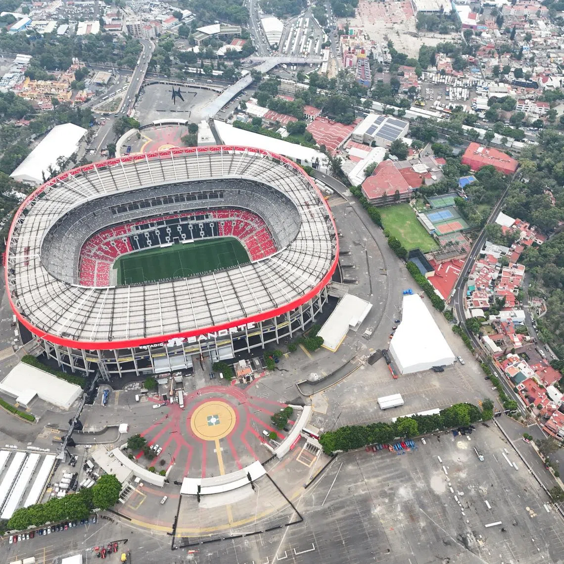 FILE PHOTO: A drone shows the Banorte Stadium, also known as Azteca Stadium, as renovation works continue ahead of World Cup beginning on June 11 in Mexico City, Mexico May 11, 2026.REUTERS/Henry Romero/File Photo