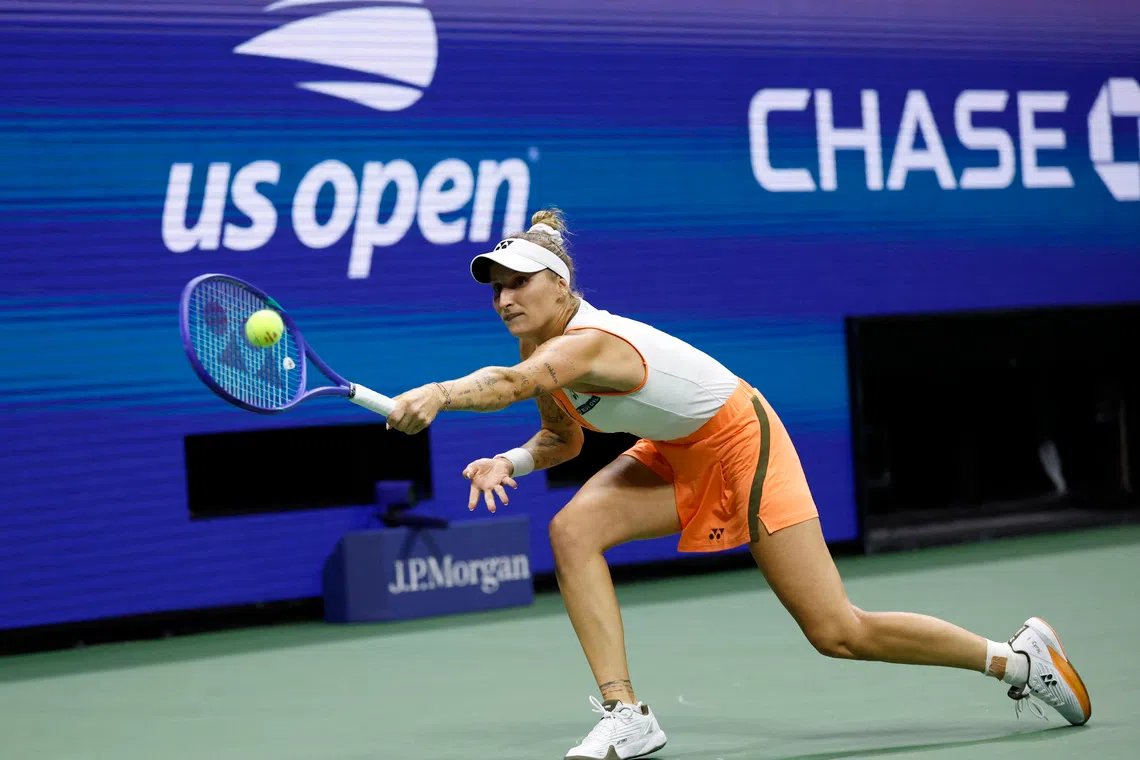 Tennis - U.S. Open - Flushing Meadows, New York, United States - August 31, 2025 Czech Republic's Marketa Vondrousova in action during her fourth round match against Kazakhstan's Elena Rybakina REUTERS/Eduardo Munoz