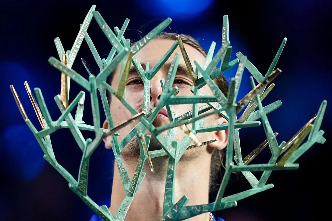 Germany's Alexander Zverev holding the trophy after beating Frenchman Ugo Humbert 6-2, 6-2 to win the Paris Masters on Nov 3.