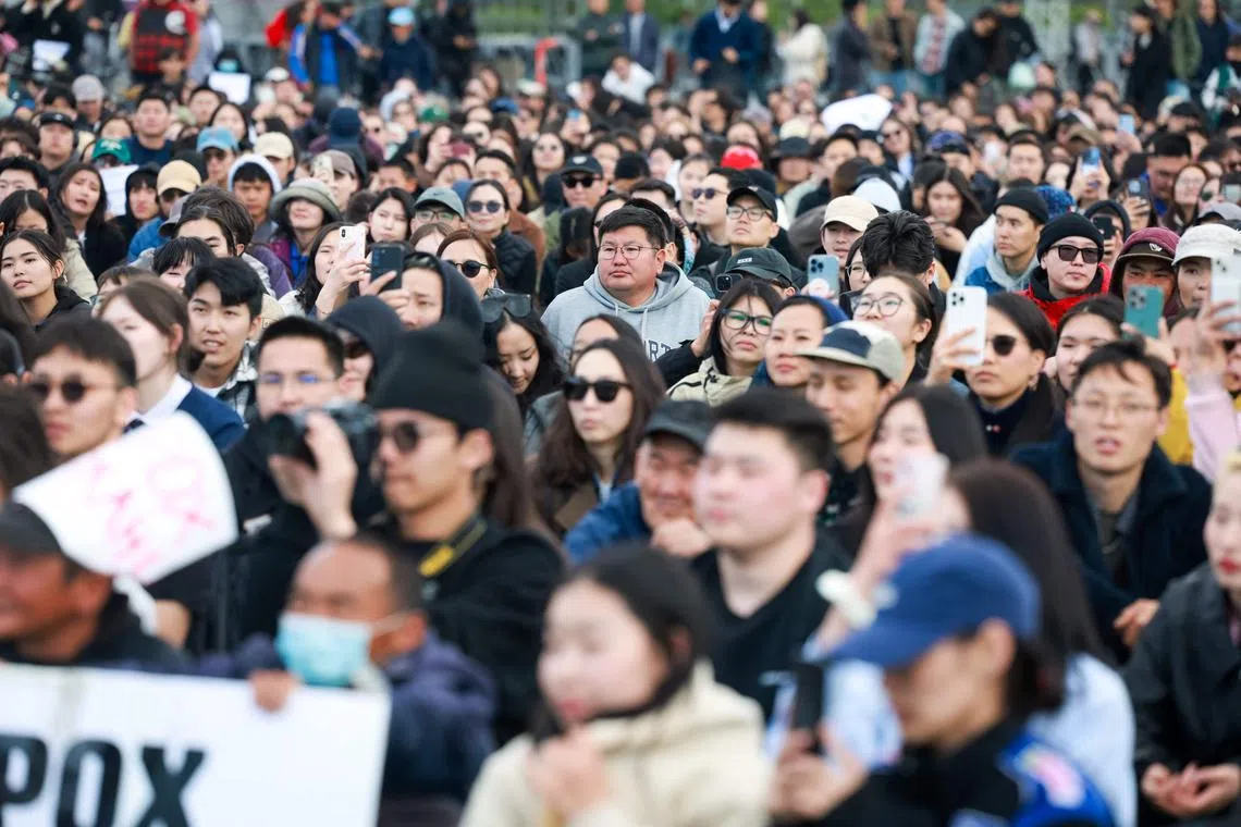 Demonstrators hold a rally demanding the resignation of PM Luvsannamsrain Oyun-Erdene over alleged economic mismanagement and corruption involving his family in Ulaanbaatar, Mongolia.