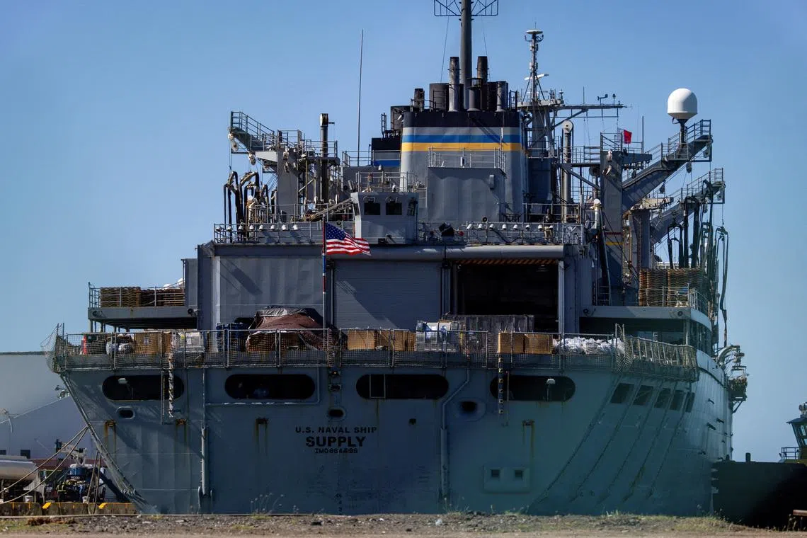 The US Navy combat logistics ship USNS Supply on Dec 18, 2025. It collided with the Arleigh Burke-class destroyer USS Truxtun during a replenishment-at-sea.