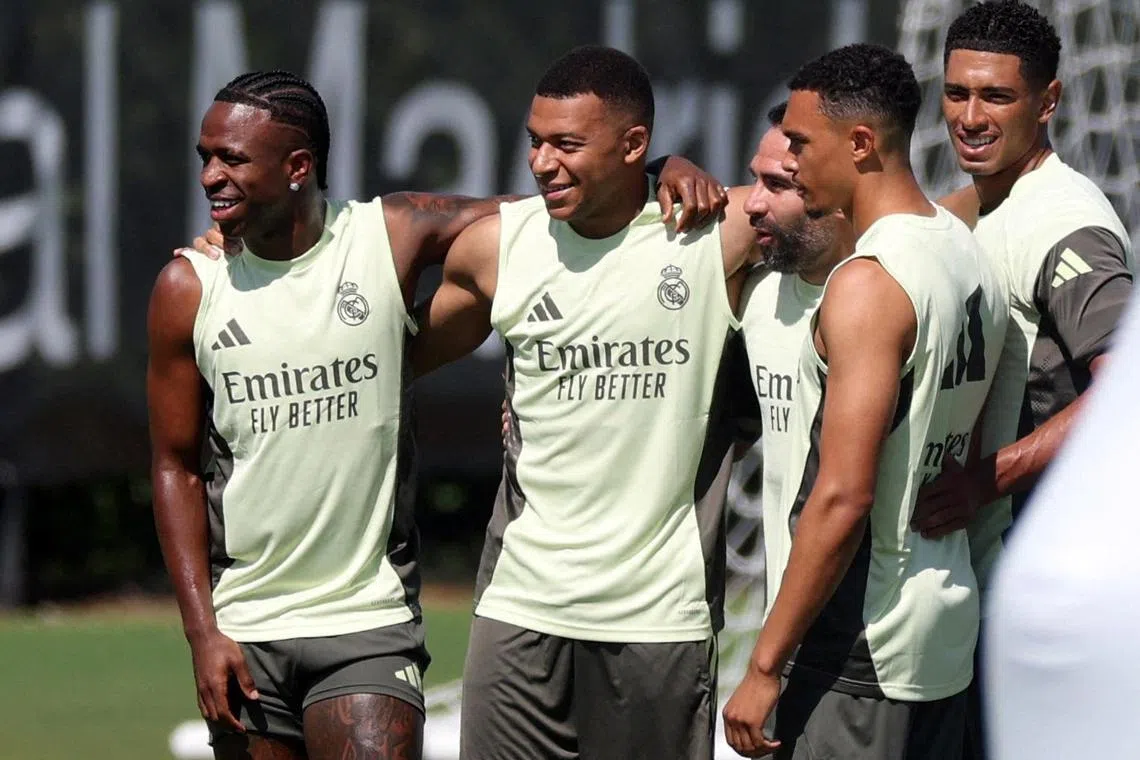 From left: Real Madrid's Vinicius Jr, Kylian Mbappe, Dani Carvajal, Trent Alexander-Arnold and Jude Bellingham during a Real Madrid training session at Gardens North Country District Park, Palm Beach Gardens, in Florida on June 15.