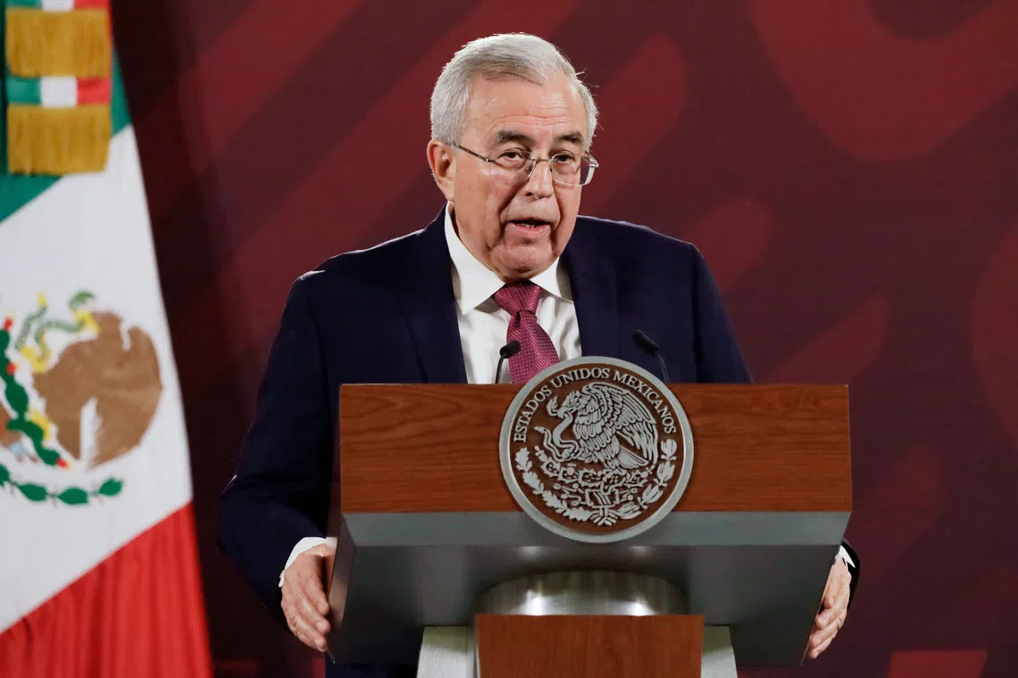 FILE PHOTO: Sinaloa governor Ruben Rocha speaks to the media during a press conference next to Mexico's President Andres Manuel Lopez Obrador (not pictured) at the National Palace, in Mexico City, Mexico, June 20, 2023. REUTERS/Luis Barron/File photo