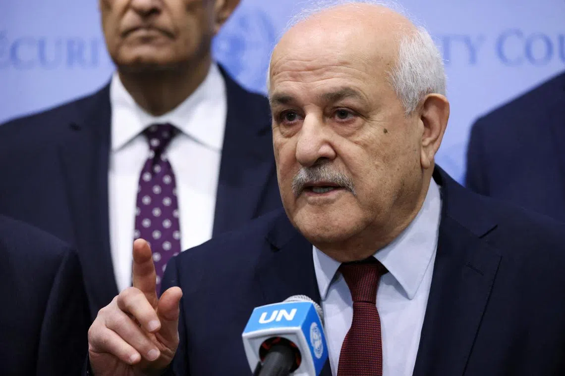 Palestinian Ambassador to the United Nations Riyad Mansour speaks with the media following a meeting of the Security Council to vote on a Gaza resolution that demands an immediate ceasefire for the month of Ramadan leading to a permanent sustainable ceasefire, and the immediate and unconditional release of all hostages, at U.N. headquarters in New York City, U.S., March 25, 2024. REUTERS/Andrew Kelly/ File photo