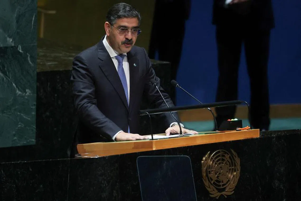 FILE PHOTO: Prime Minister of Pakistan Anwaar-ul-Haq Kakar addresses the 78th United Nations General Assembly at U.N. headquarters in New York City, New York, U.S., September 22, 2023. REUTERS/Mike Segar/File Photo