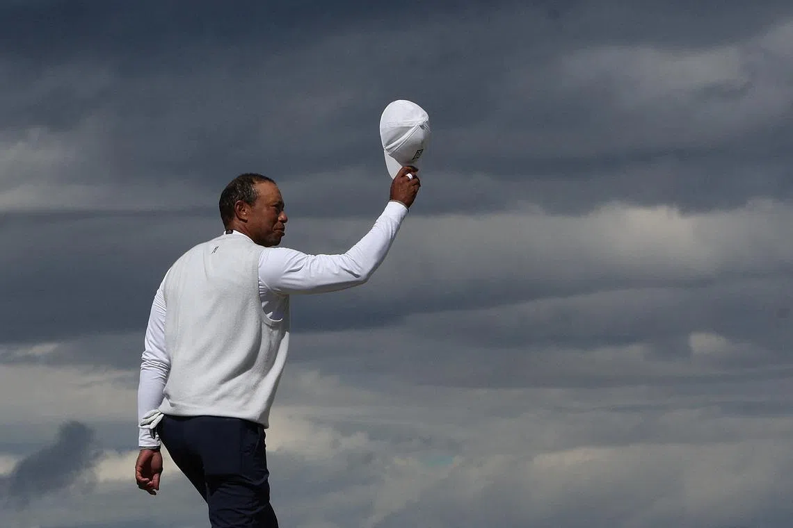 Golf - The 150th Open Championship - Old Course, St Andrews, Scotland, Britain - July 15, 2022 Tiger Woods of the U.S. reacts on the 18th during the second round REUTERS/Paul Childs/File Photo
