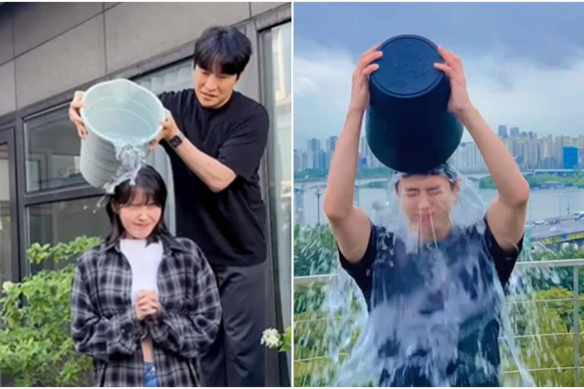 Singer-actress IU (left) and actor Park Bo-gum took part in the Ice Bucket Challenge on July 11.