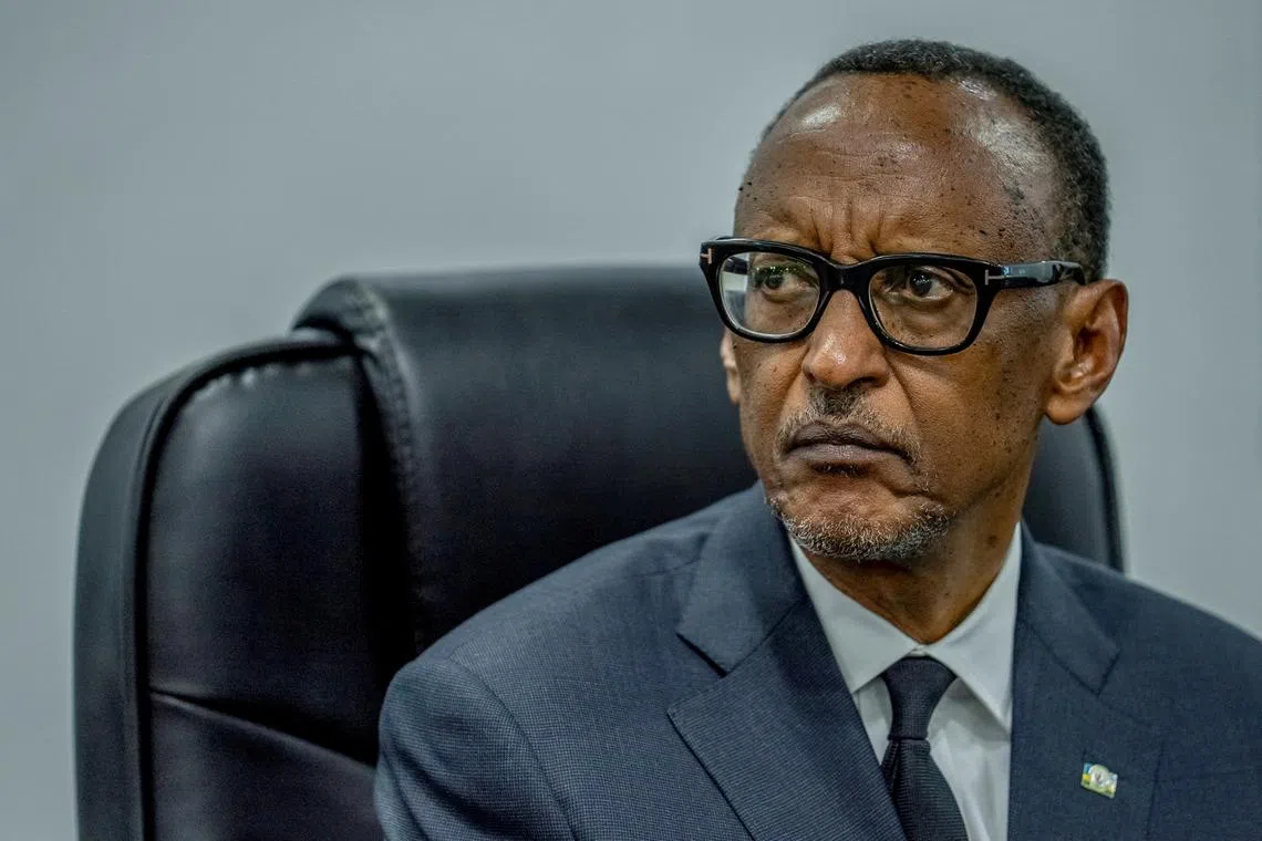 FILE PHOTO: Rwanda's President Paul Kagame of the ruling Rwanda Patriotic Front (RPF) party sits to submit his candidature, where he seeks re-election in the upcoming polls due in July at Rwanda's National Election Commission in Kiyovu, Kigali, Rwanda May 17, 2024. REUTERS/Jean Bizimana/File Photo