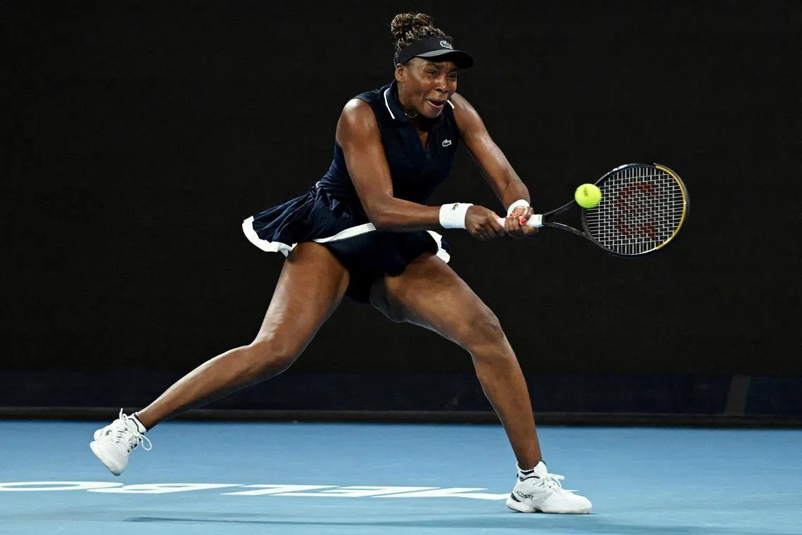 FILE PHOTO: Tennis - Australian Open - Melbourne Park, Melbourne, Australia - January 18, 2026 Venus Williams of the U.S. in action during her first round match against Serbia's Olga Danilovic REUTERS/Jaimi Joy/File Photo