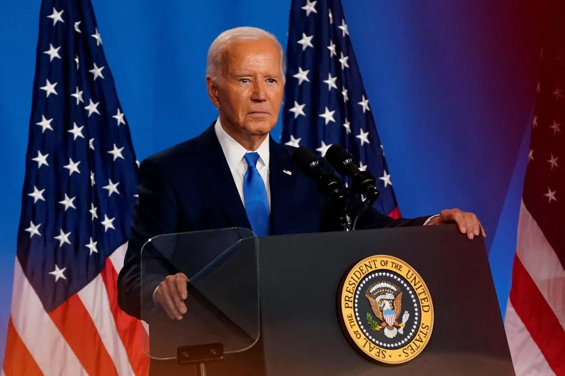 FILE PHOTO: U.S. President Joe Biden holds a press conference during NATO's 75th anniversary summit, in Washington, U.S., July 11, 2024. REUTERS/Nathan Howard/File Photo