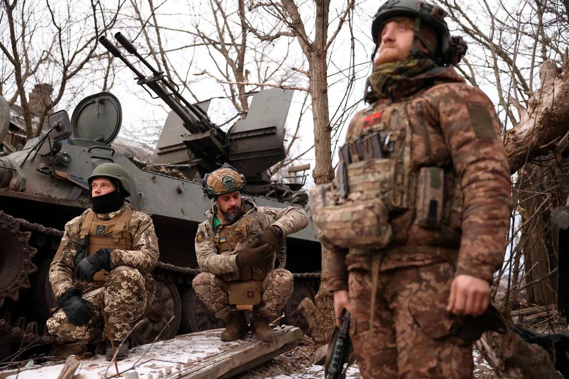 Ukrainian anti-aircraft gunners watch the skies near Bakhmut, in Ukraine's Donetsk region.
