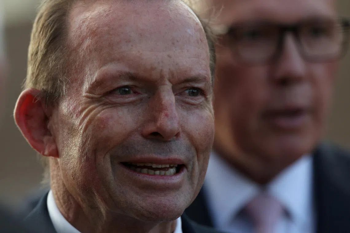 Former Australian Prime Minister Tony Abbott attends the Lest We Forget sunset tribute on the eve of ANZAC Day at Sydney Opera House in Sydney, Australia, April 24, 2025. REUTERS/Hollie Adams
