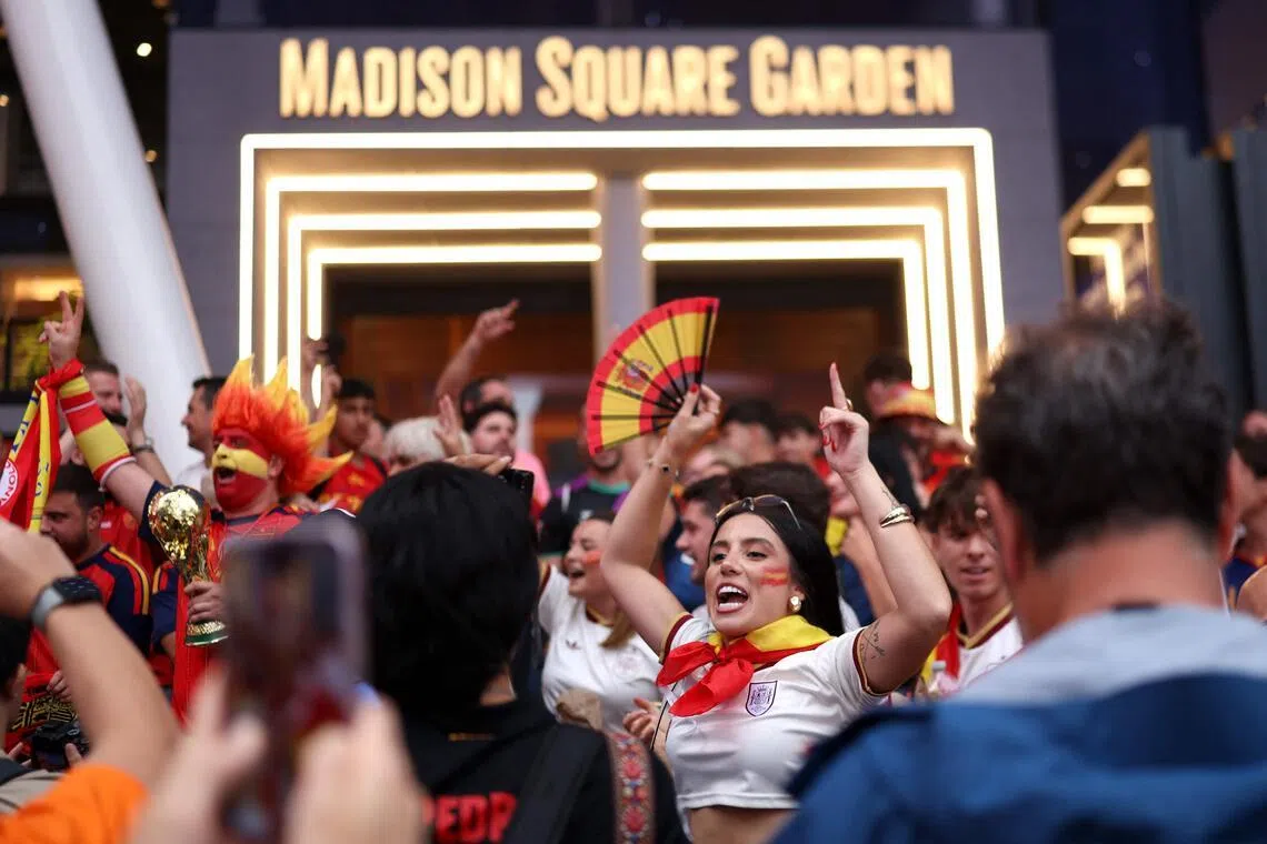 Spanish fans gather at the Madison Square Garden in New York on July 18 on the eve of the 2026 World Cup final.