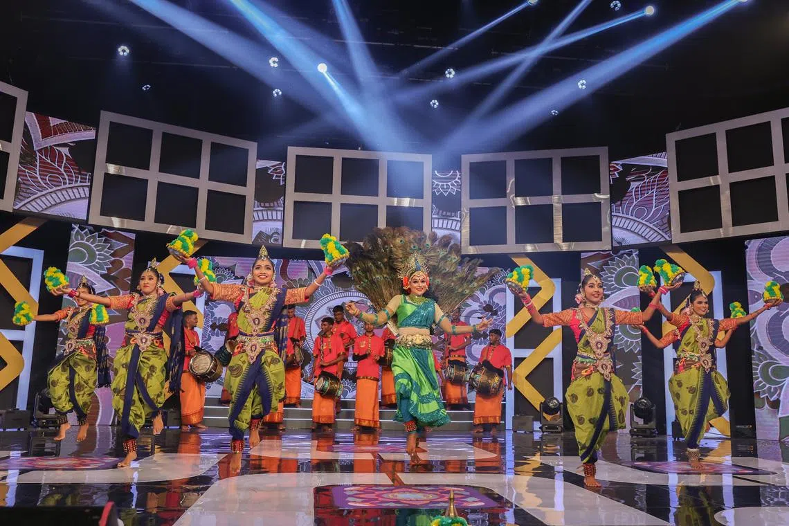 Dancers from Rameshwara Dance Group performing a Mayilattam, or peacock dance, at the launch of Tamil Language Festival 2026 on March 29.