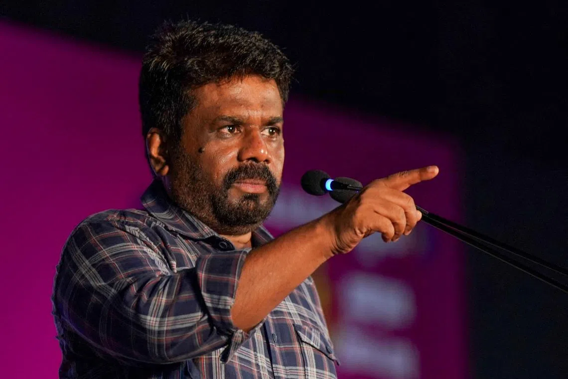 FILE PHOTO: Sri Lankan President and National People's Power (NPP) party leader Anura Kumara Dissanayake gestures while giving speech during a public rally as part of campaign ahead of the 17th Parliamentary Election, in Homagama, Colombo, Sri Lanka, October 20, 2024. REUTERS/Thilina Kaluthotage/File Photo