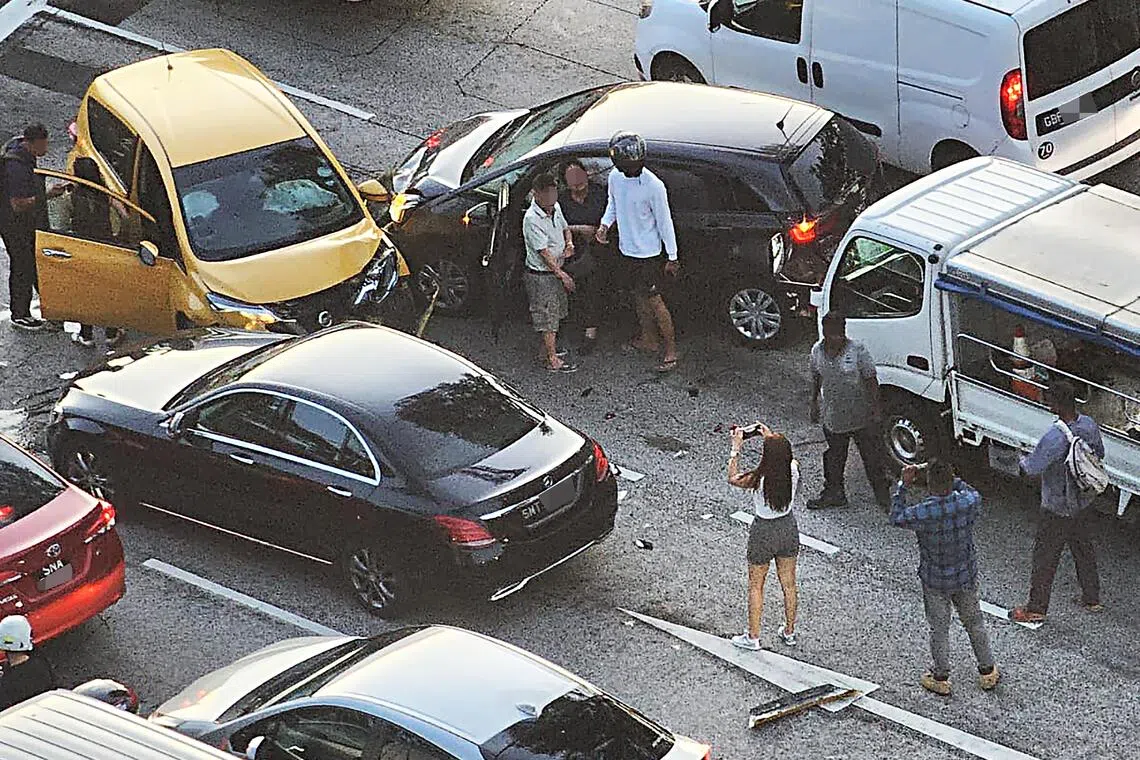 The accident involved three cars and a lorry.