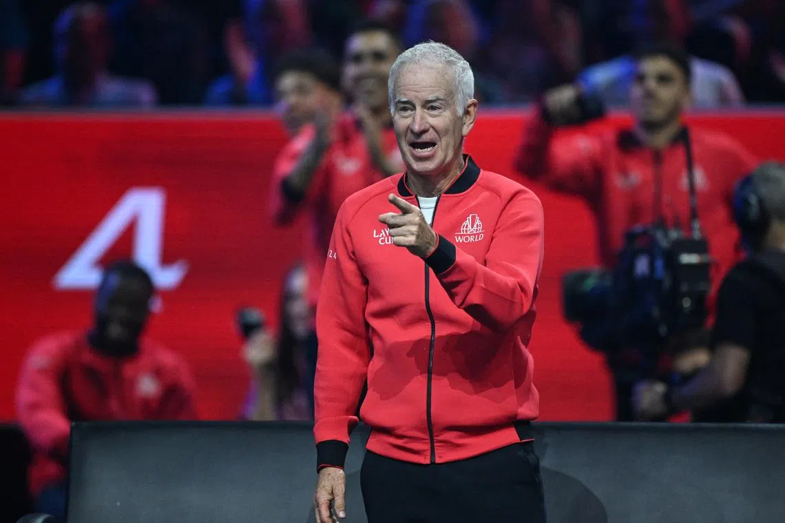 FILE PHOTO: Tennis - Laver Cup - Uber Arena, Berlin, Germany - September 21, 2024 Team World captain John McEnroe reacts during the singles match between Team Europe's Alexander Zverev and Team World's Taylor Fritz REUTERS/Annegret Hilse/File Photo