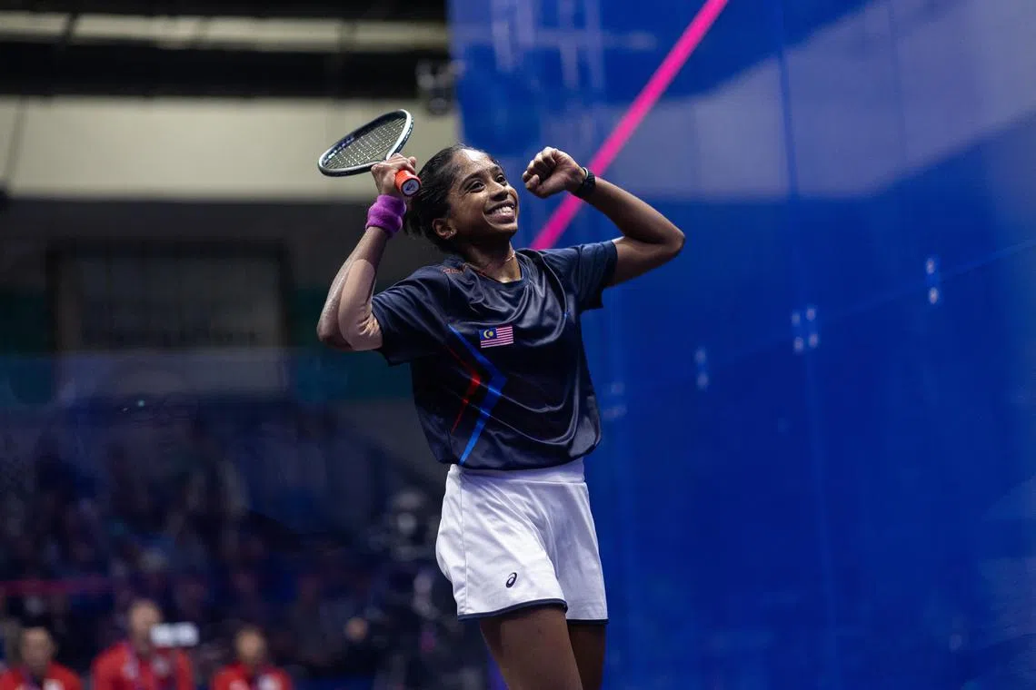 Malaysian squash player Sivasangari Subramaniam celebrating after winning the women's singles gold medal at the Asian Games in 2023.