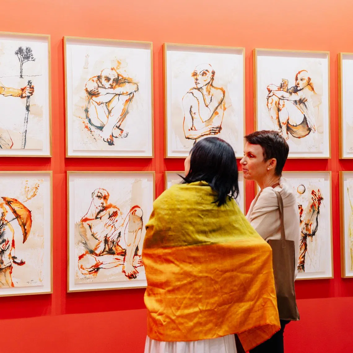 Filipino artist Elmer Borlongan's paper works in coffee and ink, presented by gallery Ames Yavuz, at Art SG 2025.