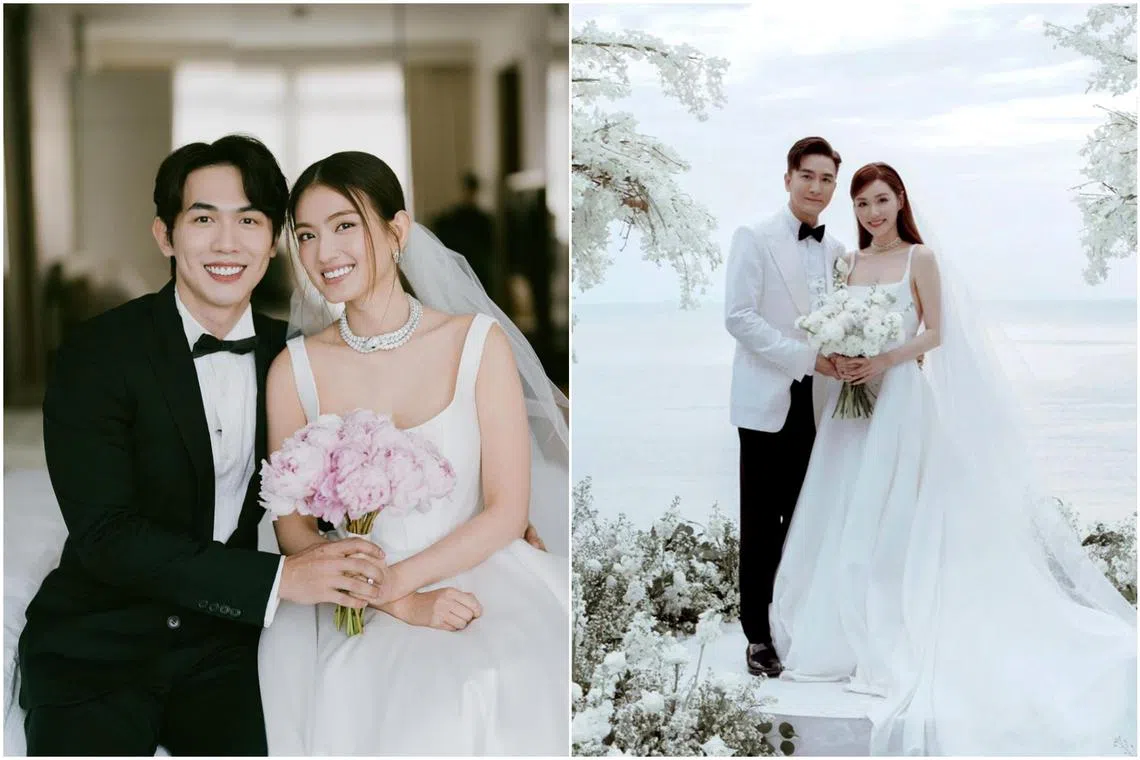 Nick Teo and Hong Ling (left) and Kenneth Ma and Roxanne Tong were among couples in the entertainment industry who held their weddings in the past week.