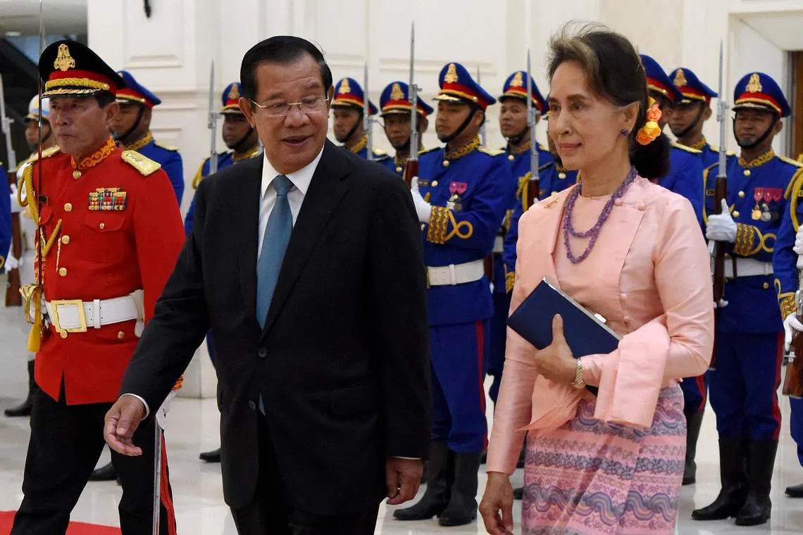 Myanmar’s junta denied a request by former Cambodian leader Hun Sen (left) for talks with Ms Suu Kyi.
