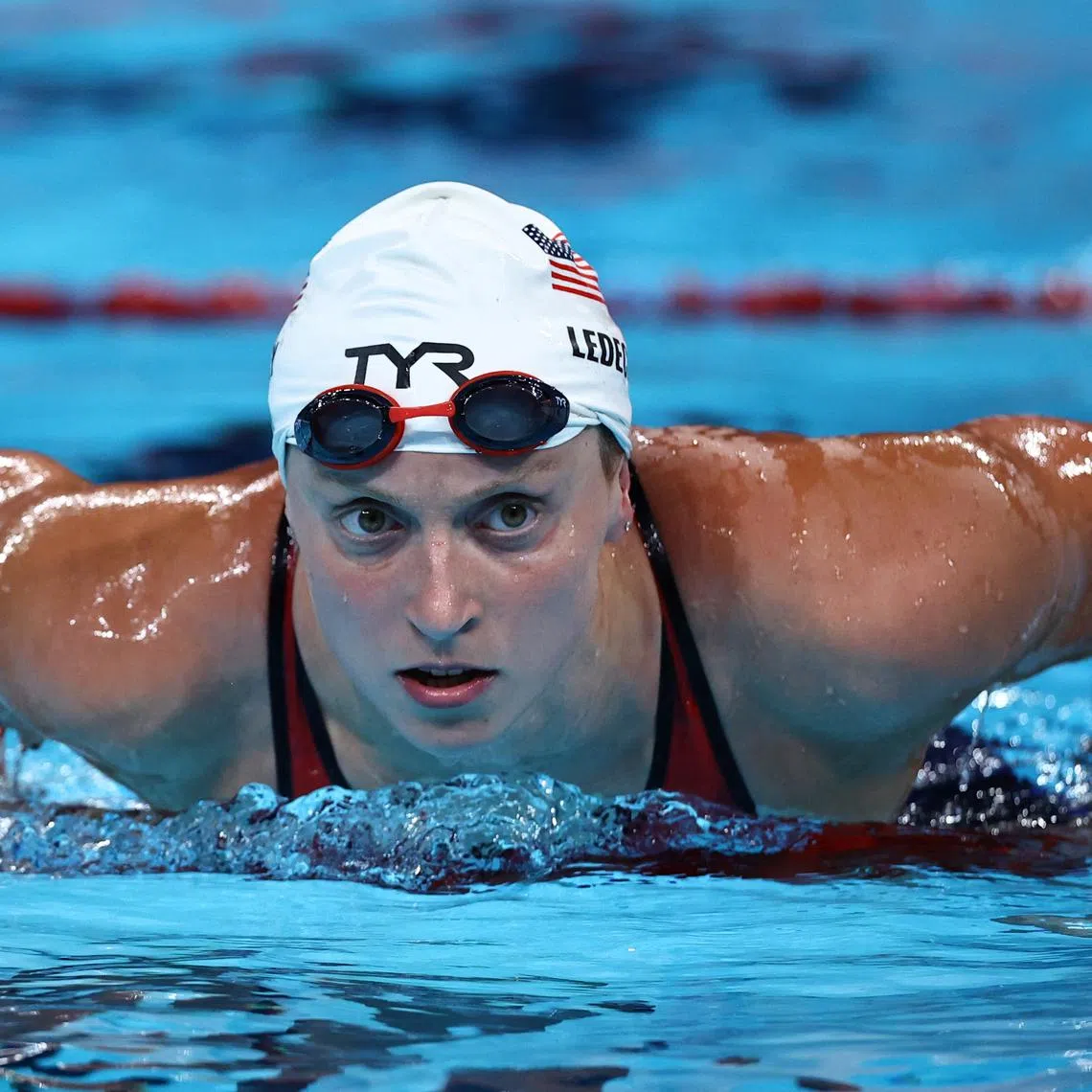 Paris 2024 Olympics - Swimming - Women's 800m Freestyle - Heats - Paris La Defense Arena, Nanterre, France - August 02, 2024.  Katie Ledecky of United States reacts after the race.