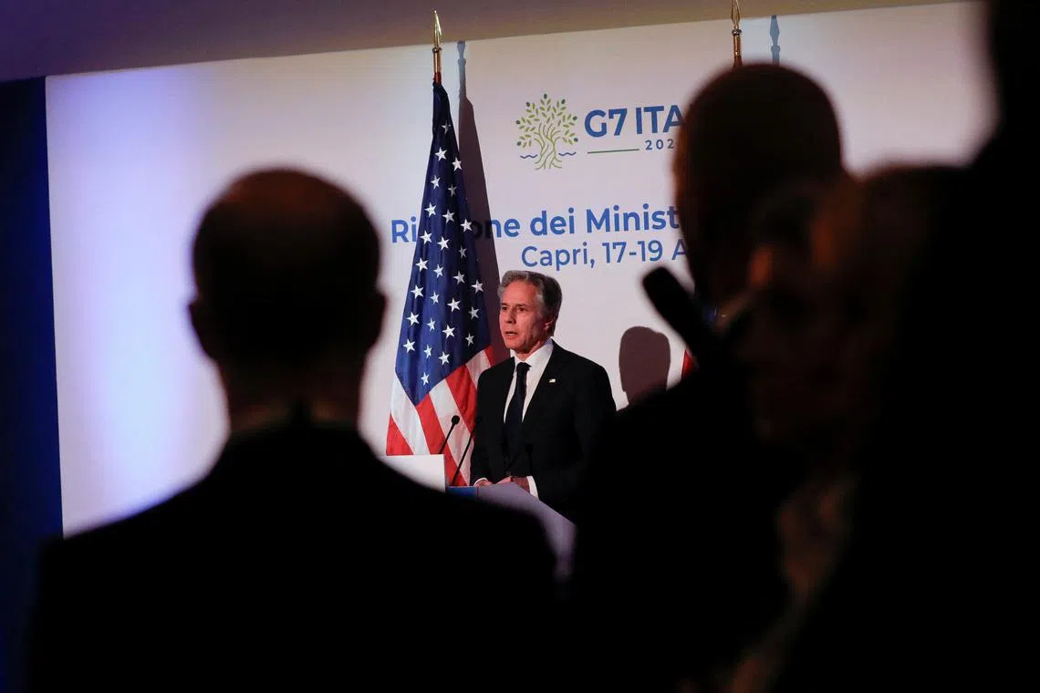 U.S. Secretary of State Antony Blinken holds a press conference at the end of the G7 foreign ministers meeting on Capri island, Italy, April 19, 2024. REUTERS/Ciro De Luca