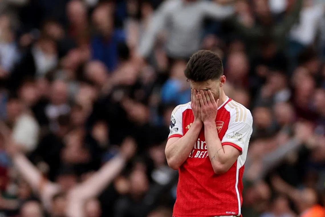 Soccer Football - Premier League - Arsenal v Aston Villa - Emirates Stadium, London, Britain - April 14, 2024 Arsenal's Declan Rice reacts Action Images via Reuters/Paul Childs