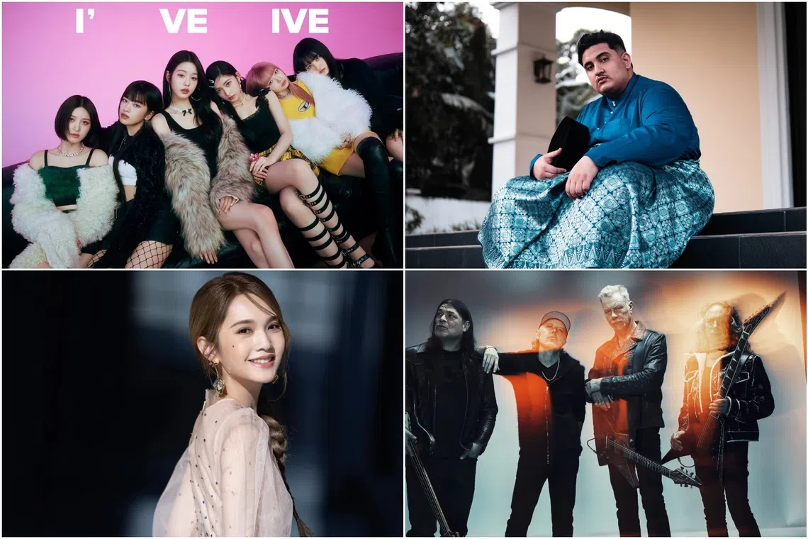 (Clockwise from top left) K-pop girl group IVE, rapper-singer Abangsapau, quartet Metallica and Taiwanese singer Rainie Yang.