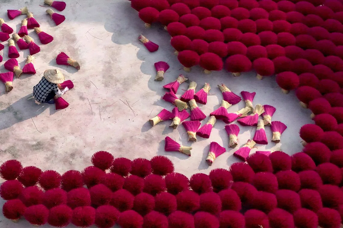 TOPSHOT - This aerial picture shows a worker arranging dried incense sticks to dry in a courtyard in Quang Phu Cau village on the outskirts of Hanoi on January 21, 2025, ahead of Lunar New Year celebrations, known in Vietnam as Tet. Families living and working in the "incense village" of Quang Phu Cau now also make sticks in yellow, blue and green, catering to visitors eager to snap shots for Instagram. (Photo by Nhac NGUYEN / AFP)