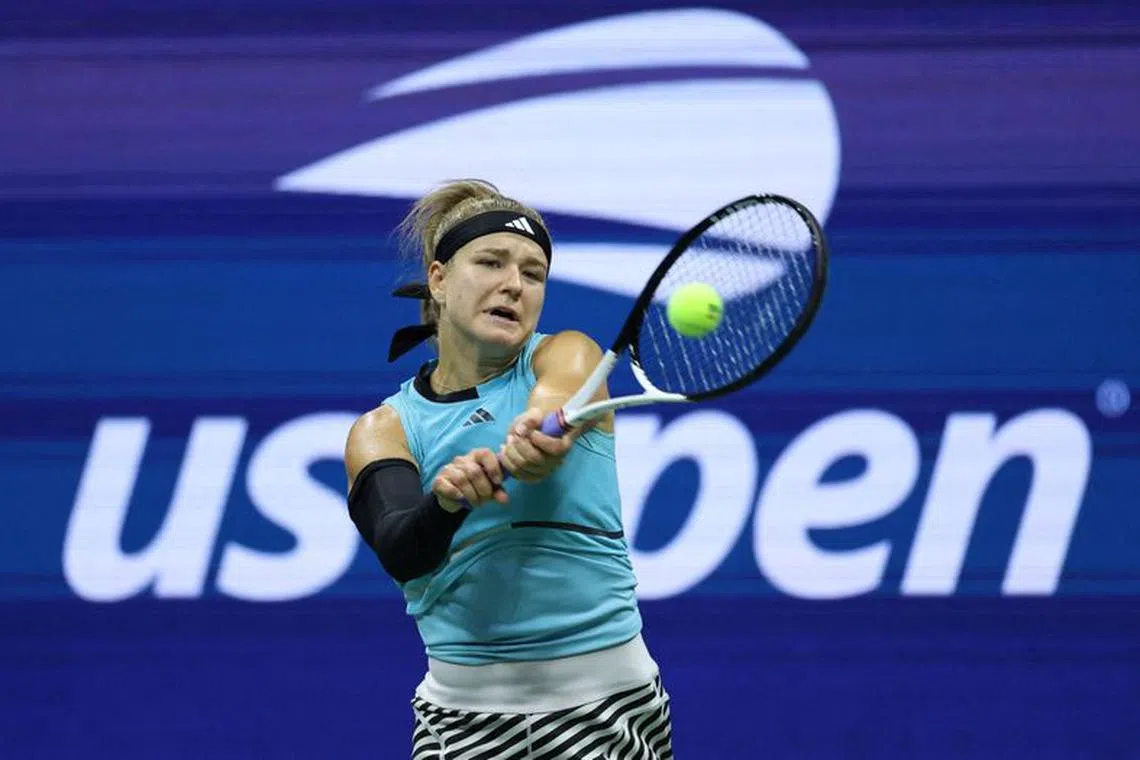 FILE PHOTO: Tennis - U.S. Open - Flushing Meadows, New York, United States - September 7, 2023 Czech Republic's Karolina Muchova in action during her semi final match against Coco Gauff of the U.S. REUTERS/Mike Segar/File Photo