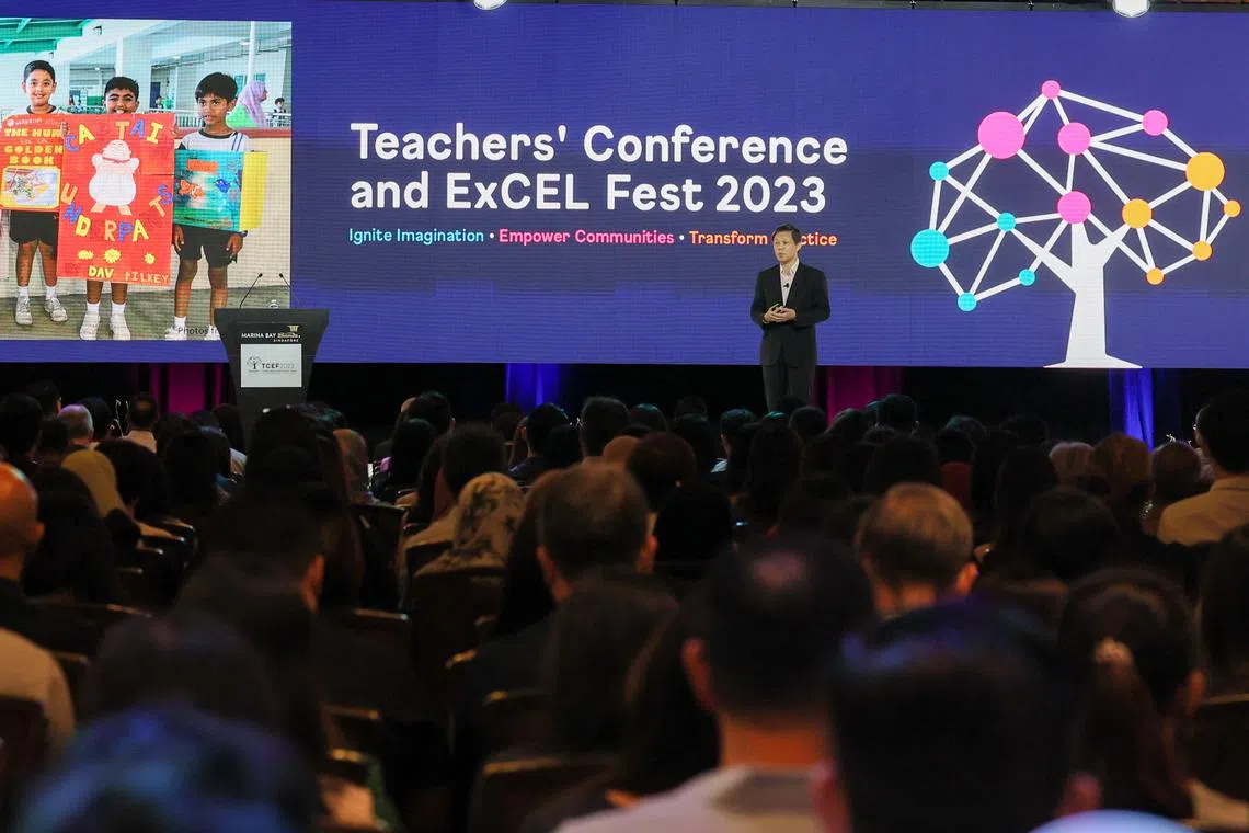 Education Minister Chan Chun Sing speaking at the Teachers’ Conference and Excel Fest on May 30.