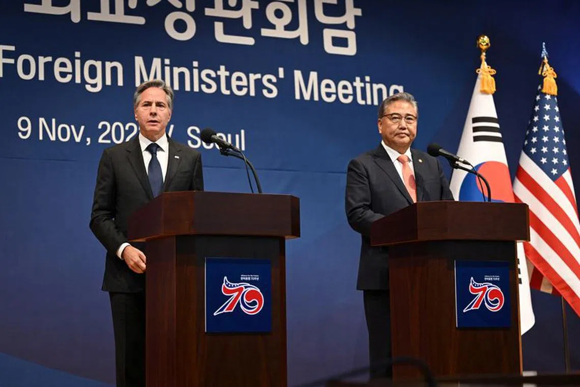 US Secretary of State Antony Blinken and South Korean Foreign Minister Park Jin hold a joint press conference at the Foreign Ministry in Seoul, South Korea on November 9, 2023.     JUNG YEON-JE/Pool via REUTERS/File Photo