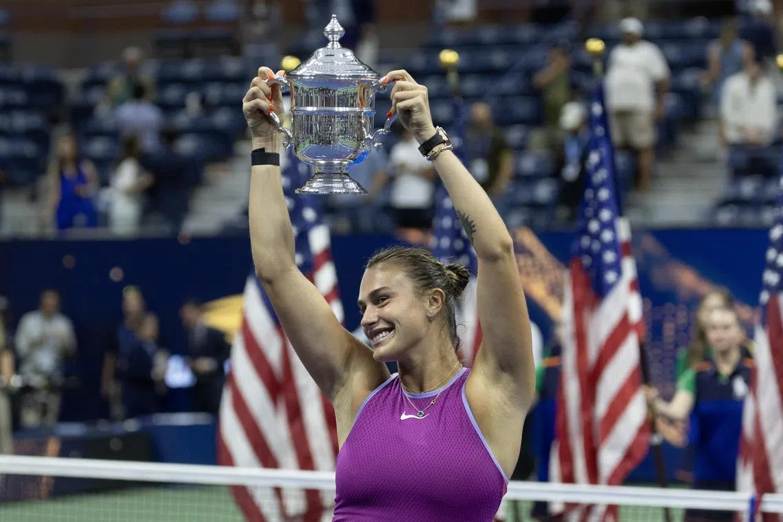 Aryna Sabalenka celebrating after winning the US Open earlier in September. She is the top seed at the China Open.