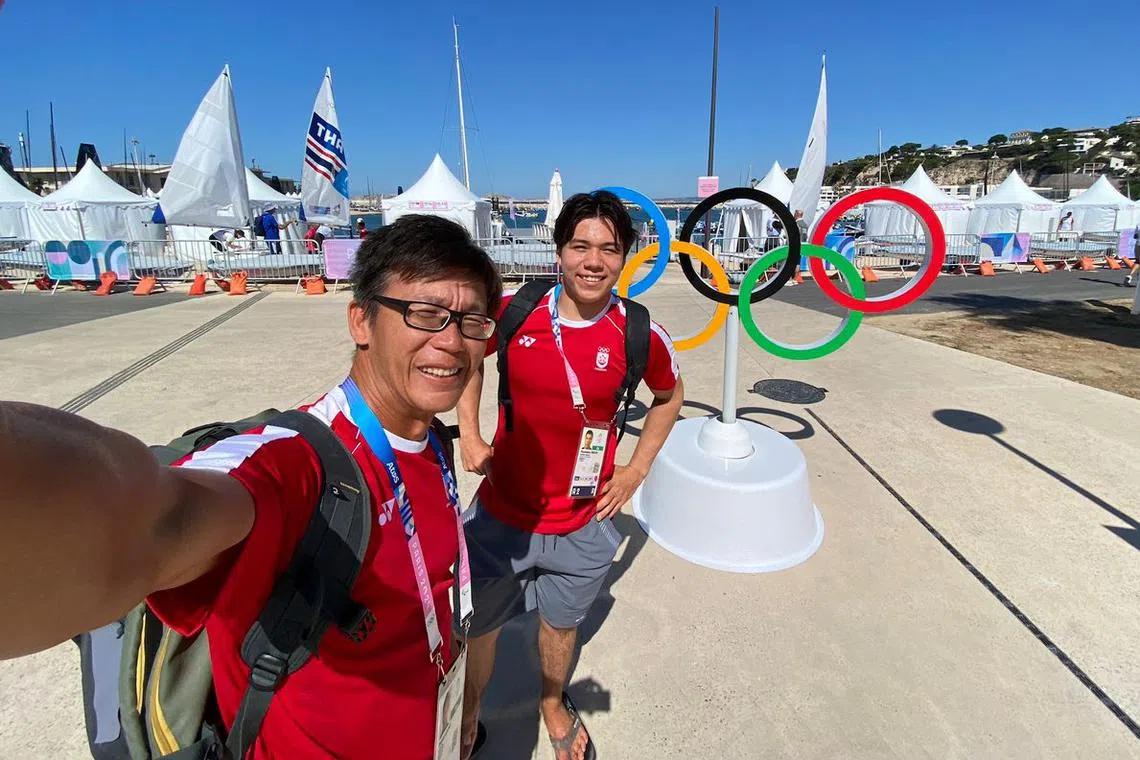 Singaporean kitefoiler Maximilian Maeder (right) and his technician and co-pilot Daniel Leow at the Paris Olympics.