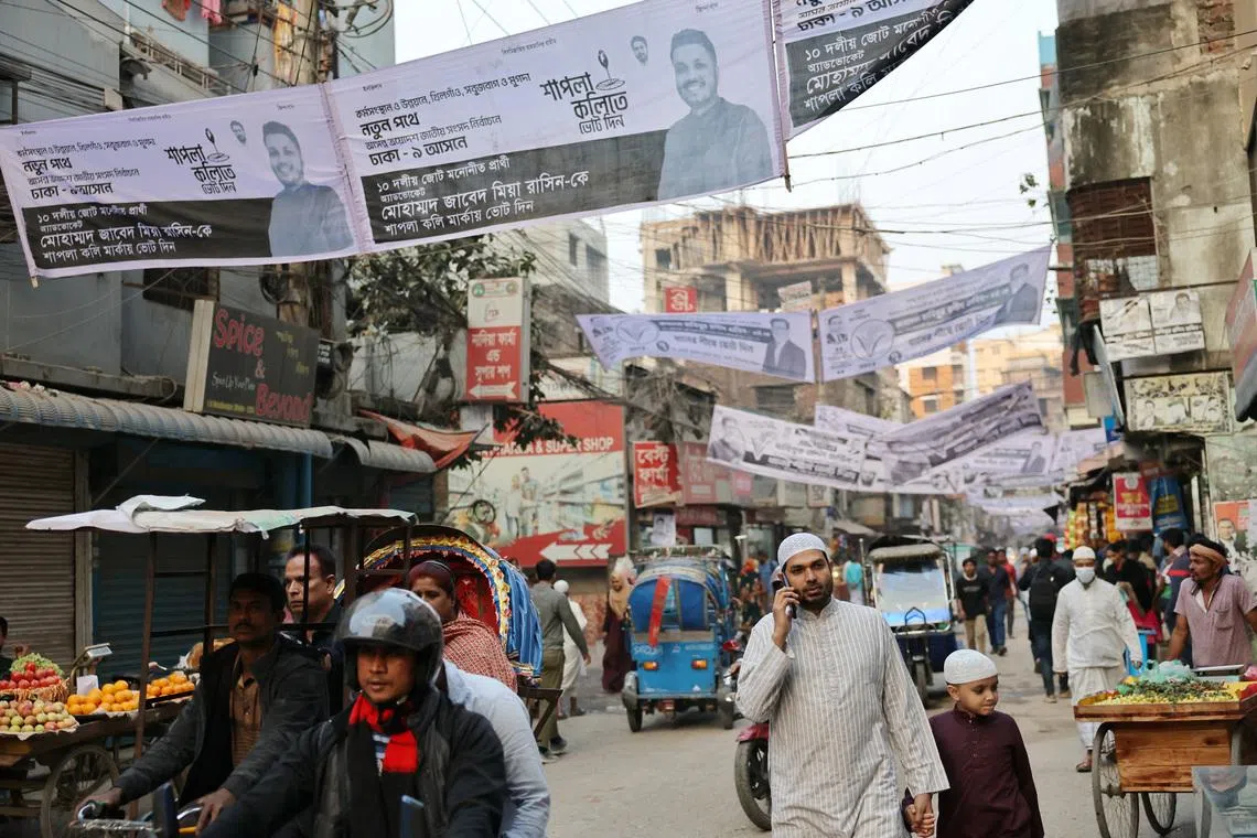 Election campaign banners of candidates hang over the streets ahead of the national election in Dhaka, Bangladesh, February 7, 2026. REUTERS/Mohammad Ponir Hossain