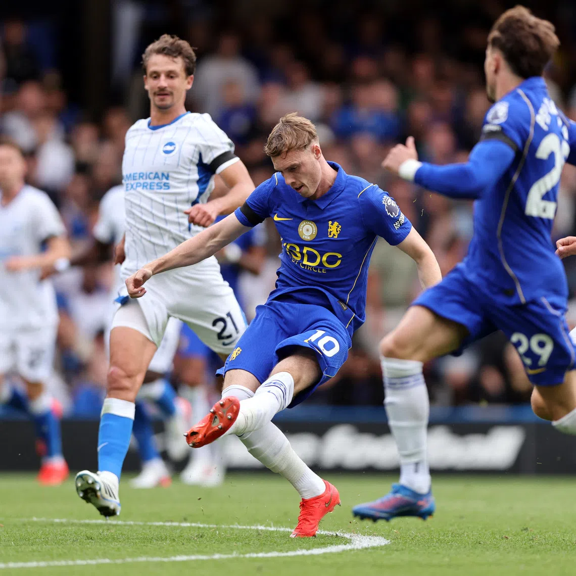 Soccer Football - Premier League - Chelsea v Brighton & Hove Albion - Stamford Bridge, London, Britain - August 30, 2026 Chelsea's Cole Palmer scores their fourth goal. REUTERS/David Klein
