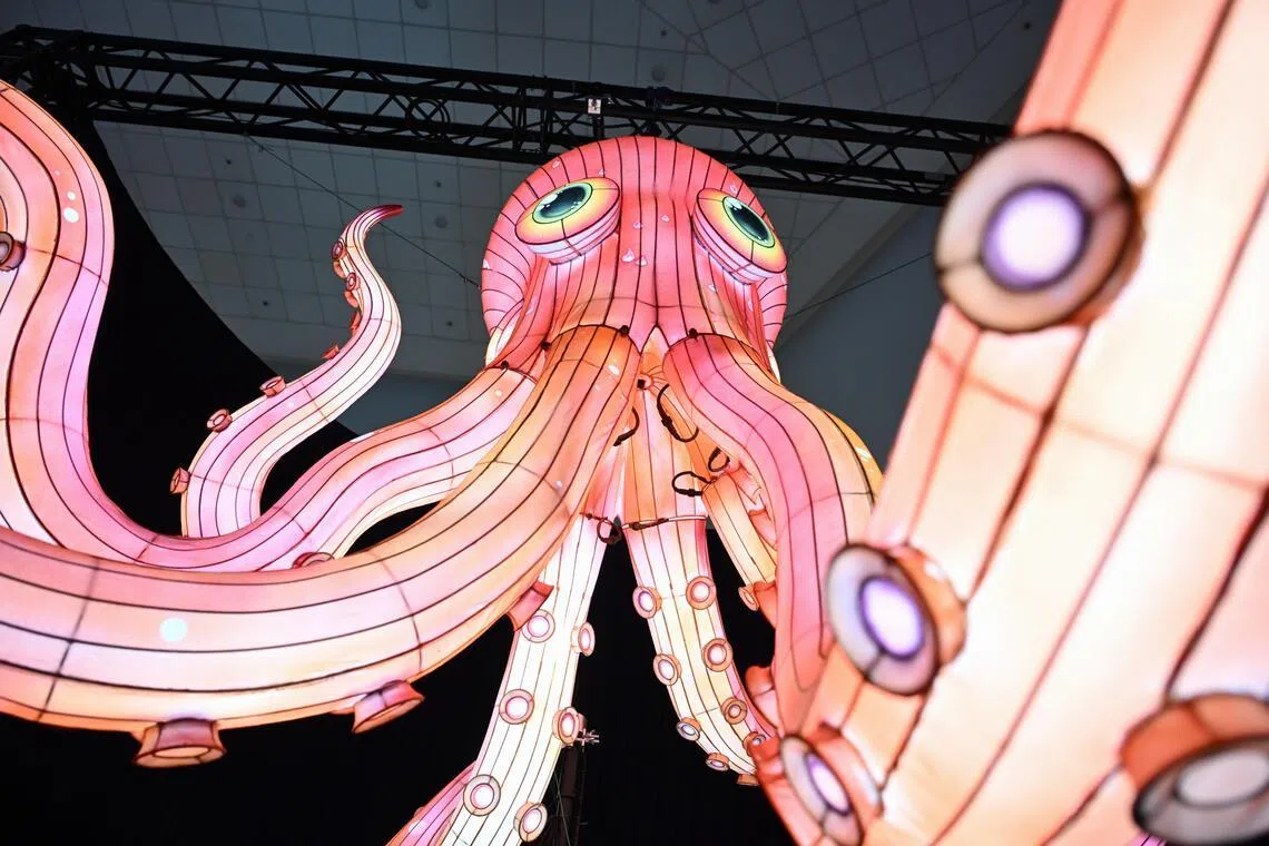 An installation of the mythological Kraken at the Legends of the Oceans section at the media preview of ONE Ocean: Every Action Ripples, at Science Centre Singapore, on May 28.