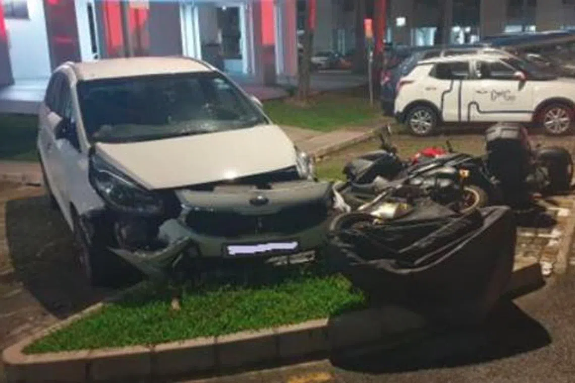 A 30-year-old man allegedly crashed into a car and three motorcycles at an outdoor carpark in Bukit Batok.