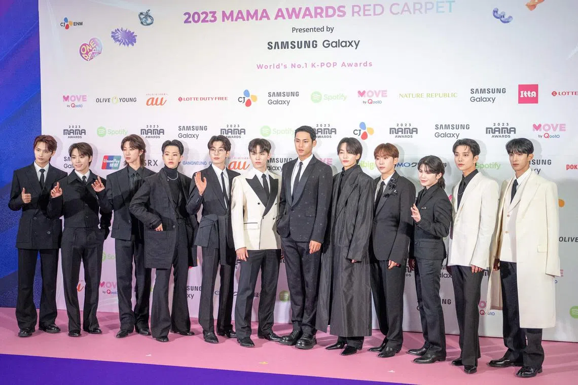South Korean boy band Seventeen attend a red carpet event at the 2023 Mama Awards at the Tokyo Dome in Tokyo on Nov 29, 2023. 