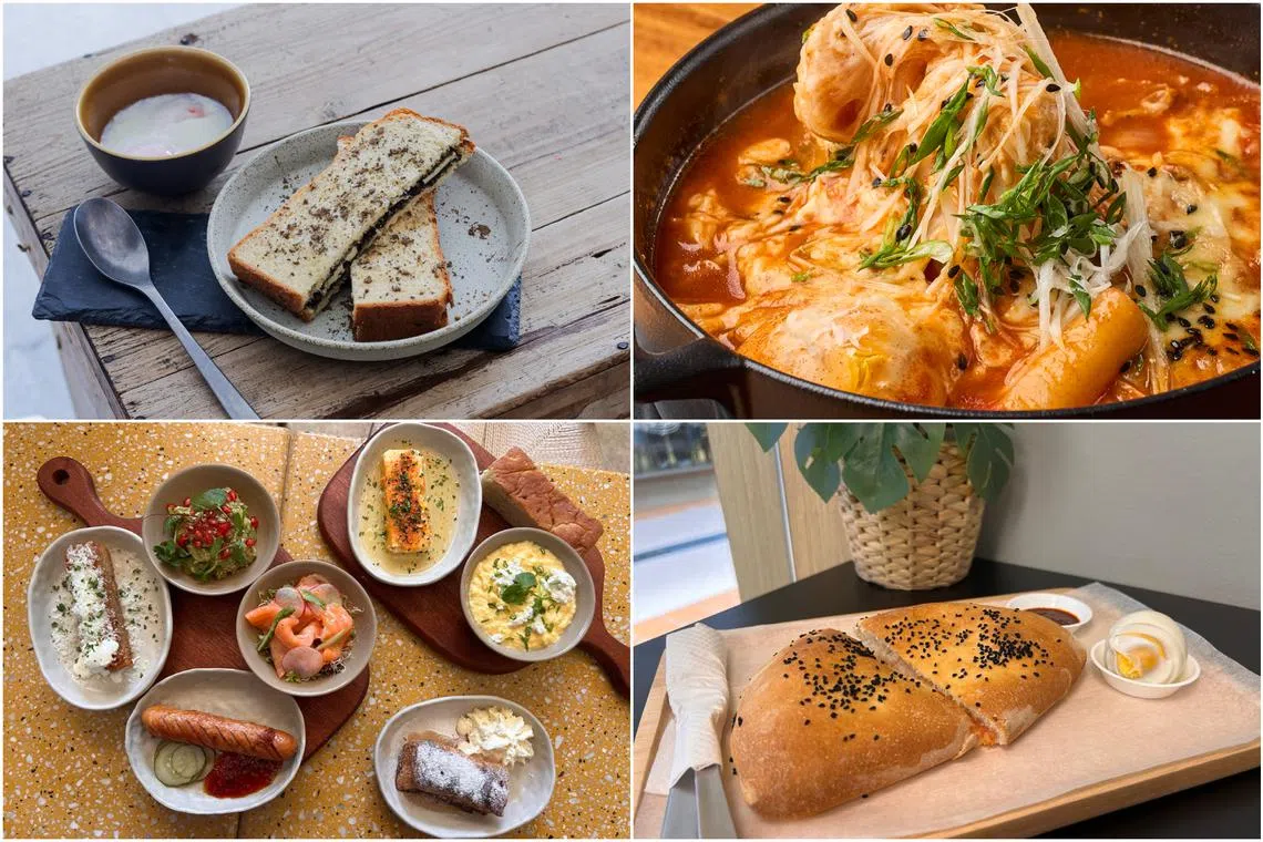 (Clockwise from top left) Hojicha kaya toast from Hvala Odeon, baked tteokbokki from Chingu Dining, Sambusak from Crust & Crumbs and a brunch board at Small Batch.