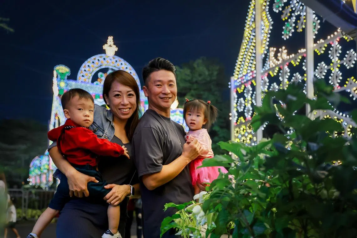 The Er family, consisting of Lester Er, 45, a self-employed professional, his wife June Tan, 40, a stay-at home mother, and their 21-month-old twins, Joshua and Faith, are Gardens by the Bay’s 100-millionth visitor, Dec 2, 2023.