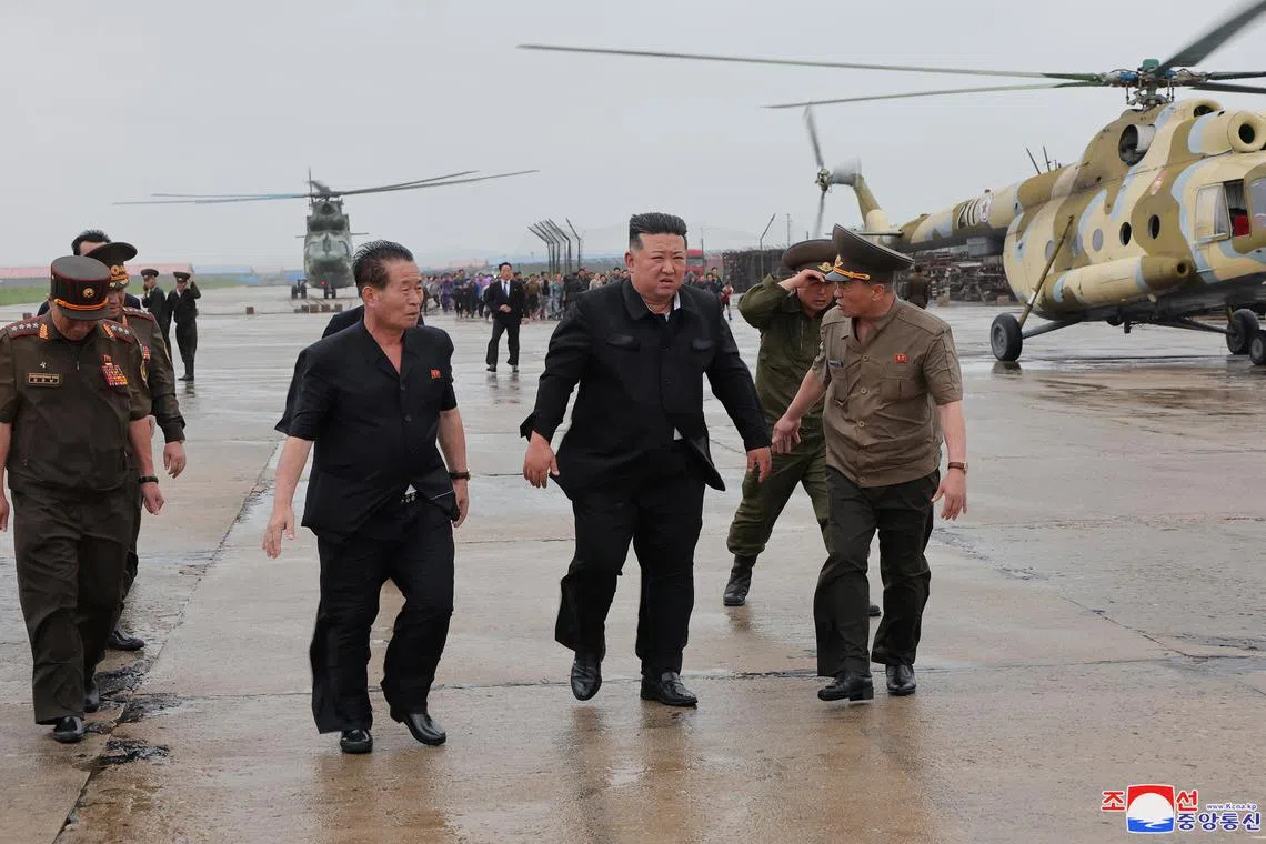 North Korean leader Kim Jong Un observes rescue efforts in flooded areas near the country's border with China, on July 28, 2024.