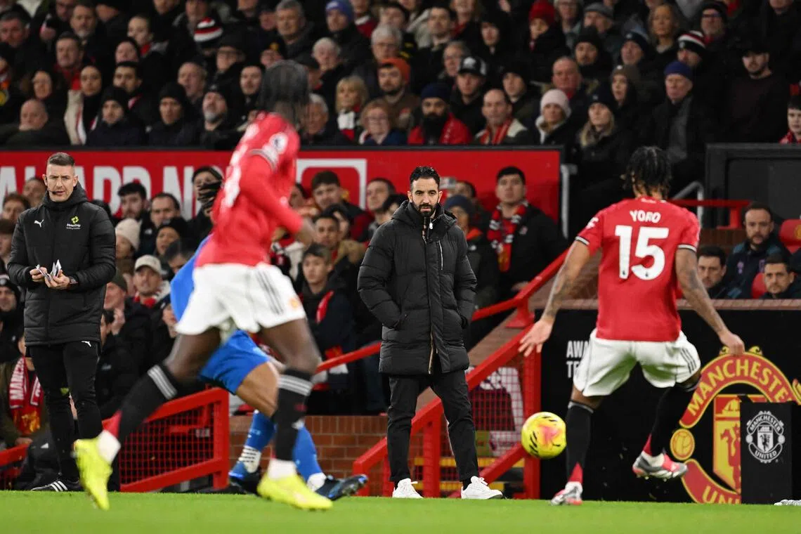 Manchester United manager Ruben Amorim watches the action from the touchline during his team's 4-4 draw with Bournemouth at Old Trafford on Dec 15.